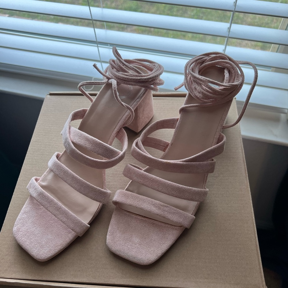Pink Block Heel Strappy Sandals